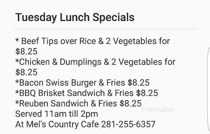 Mel's Country Cafe - Tomball, TX menu_pic