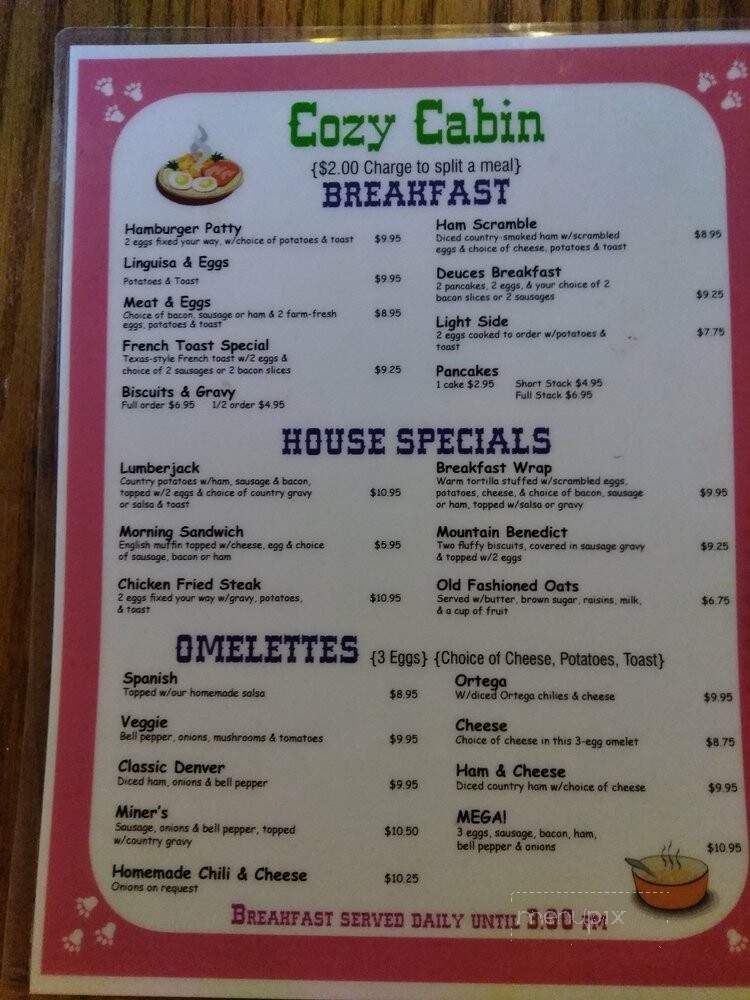 Cozy Cabin Cafe - West Point, CA menu_pic