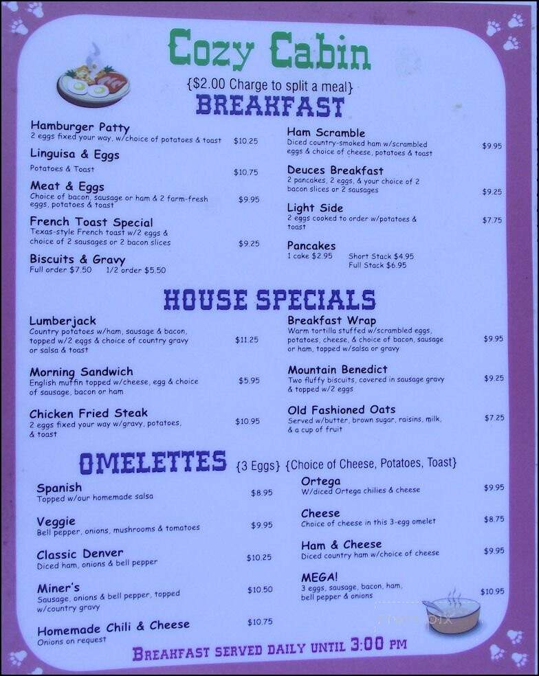 Cozy Cabin Cafe - West Point, CA menu_pic