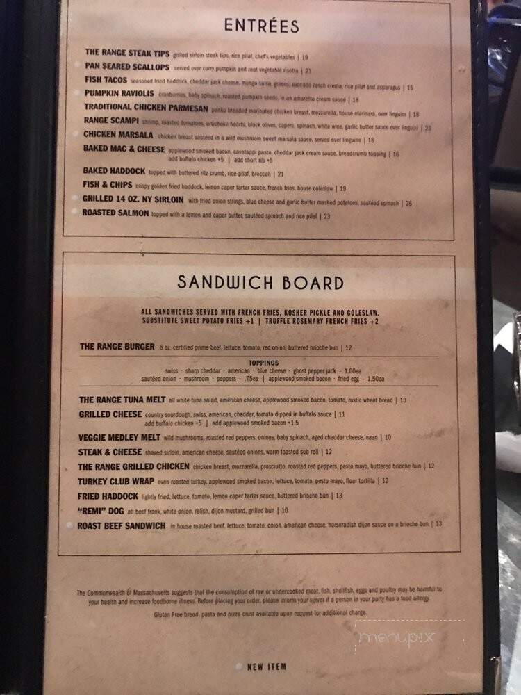 The Range Bar & Grille - Hingham, MA menu_pic