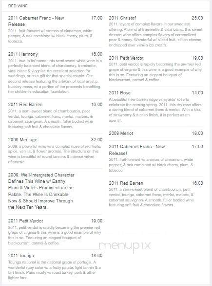 Barren Ridge Vineyards - Fishersville, VA menu_pic