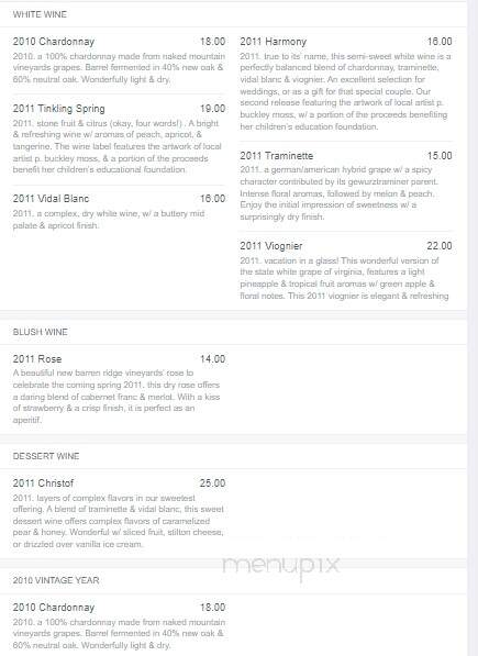 Barren Ridge Vineyards - Fishersville, VA menu_pic