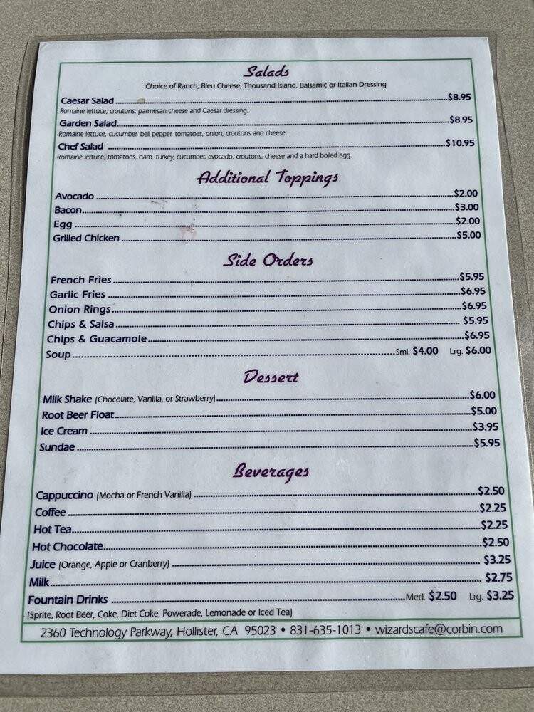 Wizard's Cafe at Corbin - Hollister, CA menu_pic