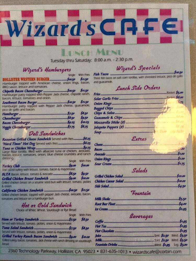 Wizard's Cafe at Corbin - Hollister, CA menu_pic