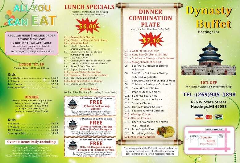 Dynasty Chinese Buffet - Hastings, MI menu_pic