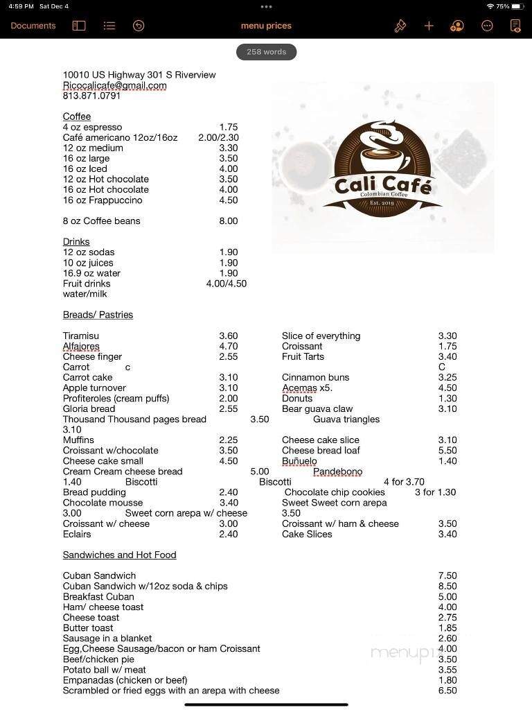 Cali Cafe - Riverview, FL menu_pic