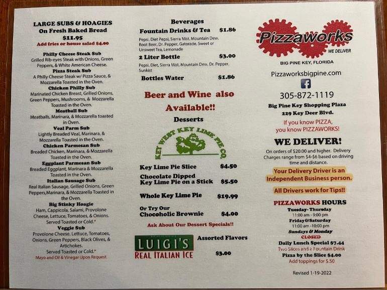 Pizza Works - Big Pine Key, FL menu_pic