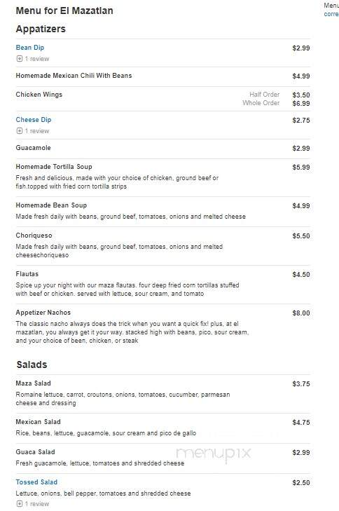 El Mazatlan - Glasgow, KY menu_pic