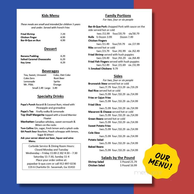 Papa's Bar-B-Que & Seafood - Savannah, GA menu_pic