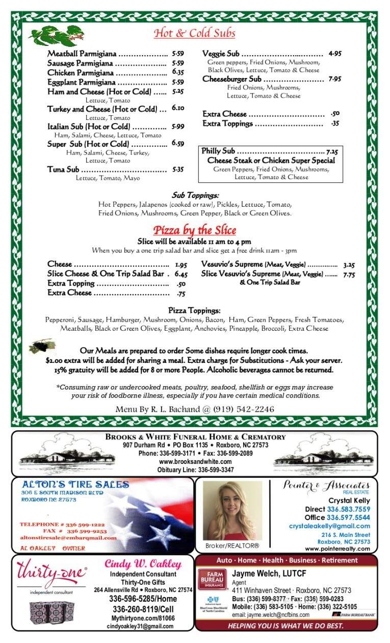 Vesuvio's Italian Restaurant - Roxboro, NC menu_pic