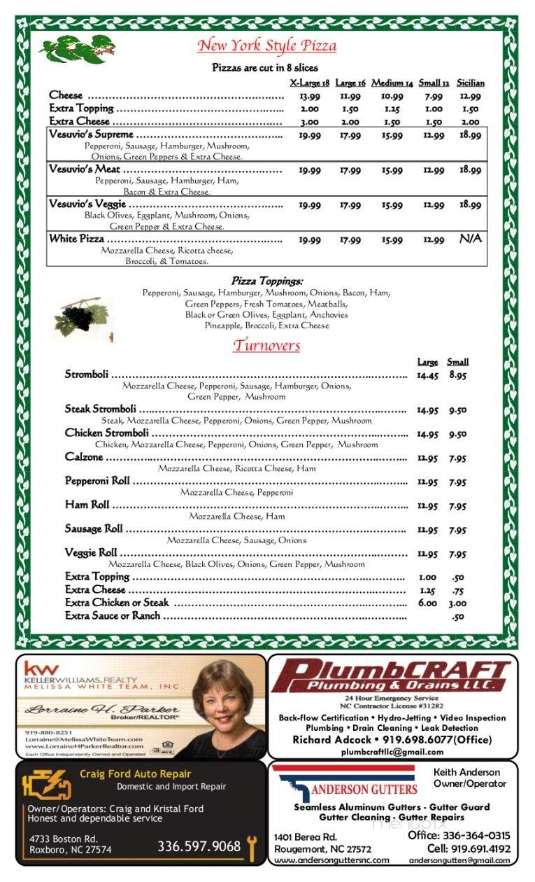 Vesuvio's Italian Restaurant - Roxboro, NC menu_pic