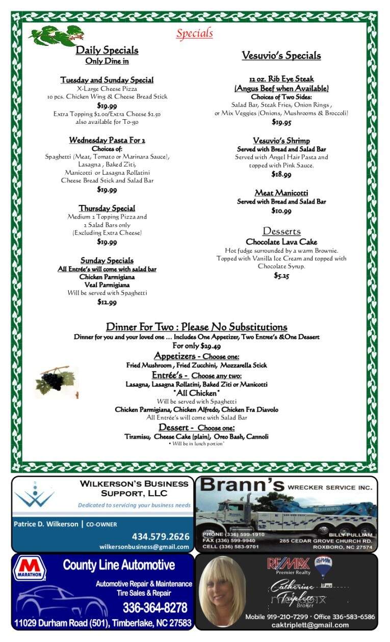 Vesuvio's Italian Restaurant - Roxboro, NC menu_pic