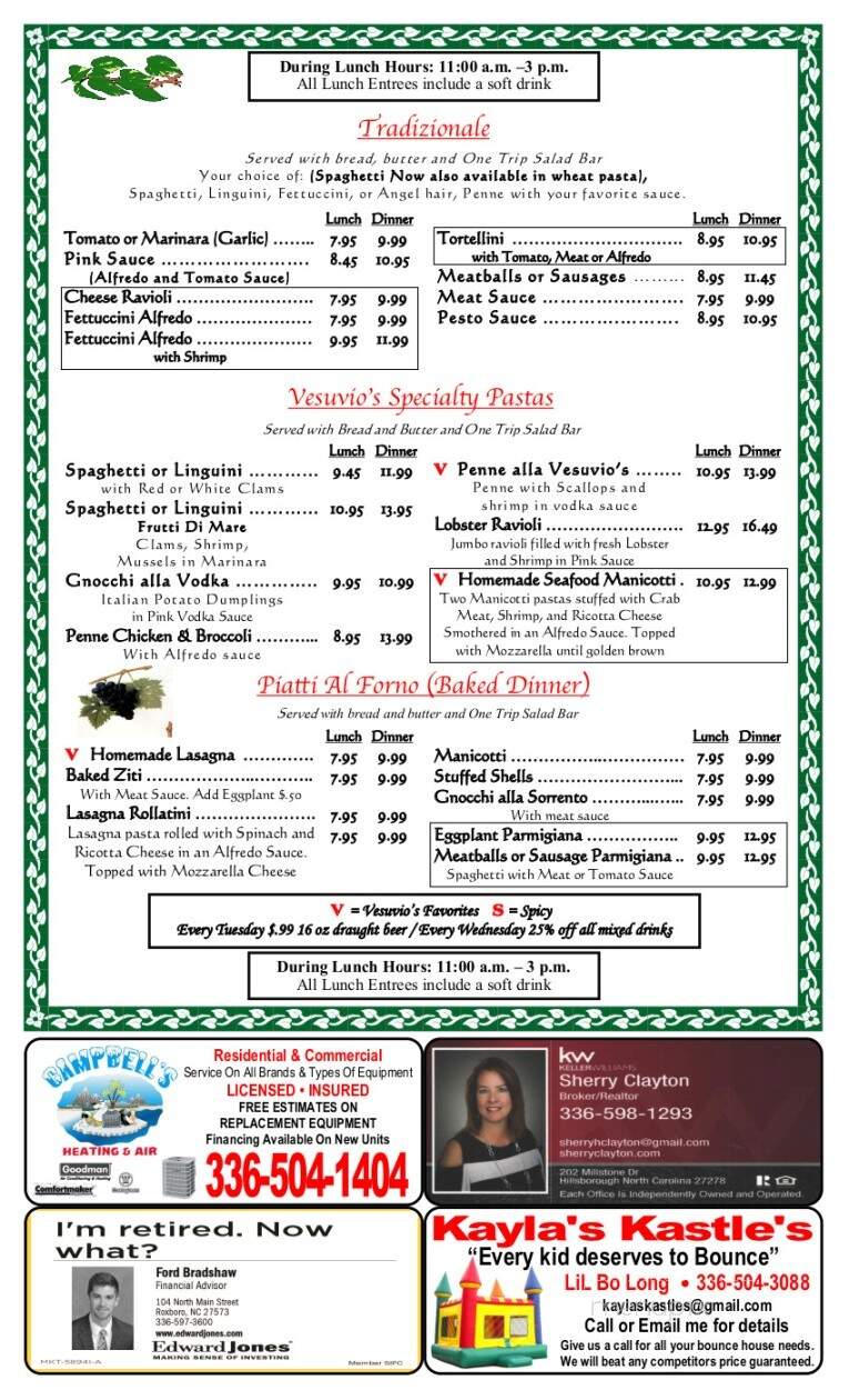 Vesuvio's Italian Restaurant - Roxboro, NC menu_pic