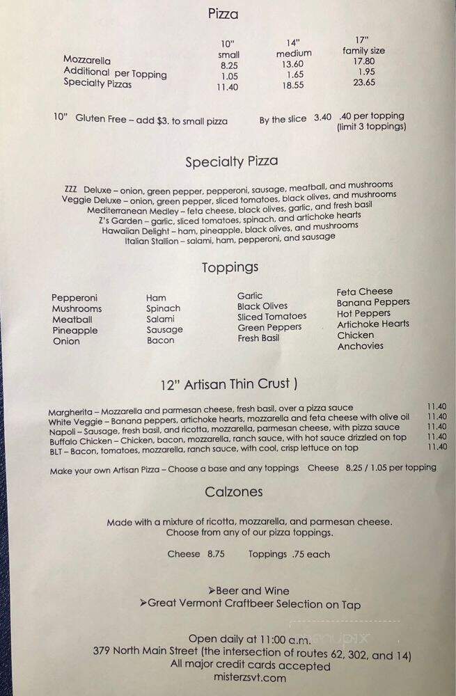 Mister Z's Italian Restaurant - Barre, VT menu_pic