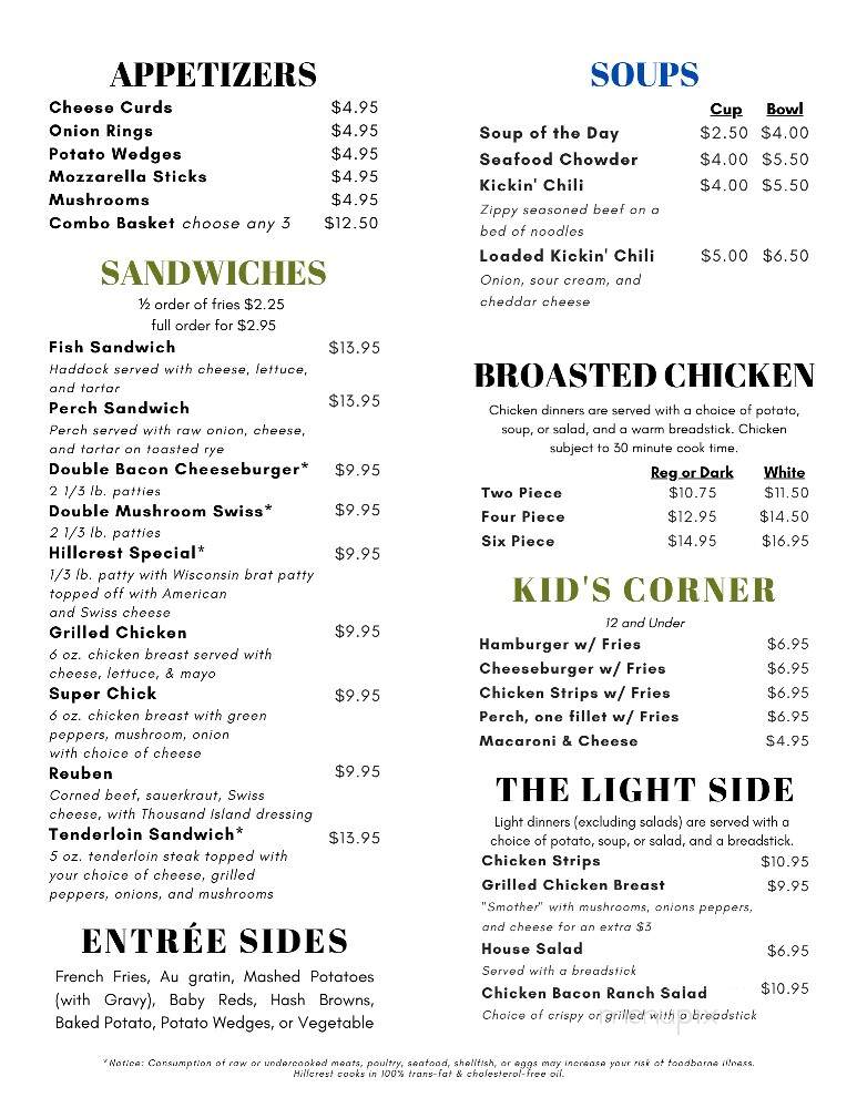Hillcrest Lodge - Townsend, WI menu_pic