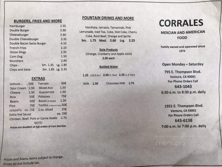 Corrales Mexican Food - Ventura, CA menu_pic