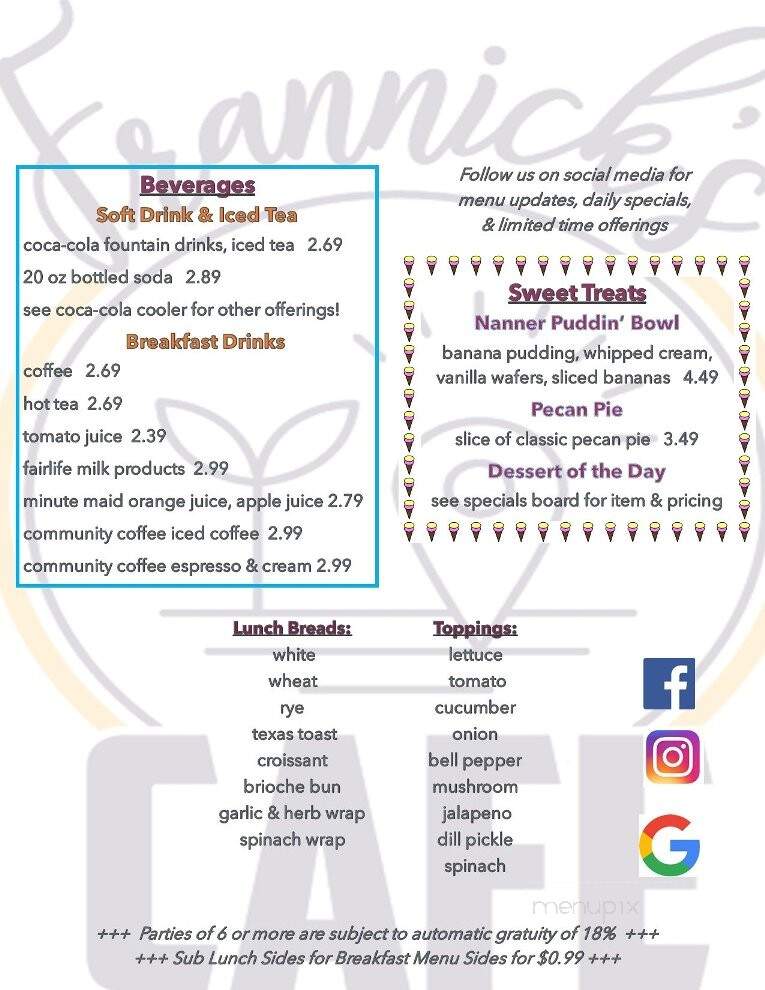 Frannick's Cafe - Dallas, GA menu_pic