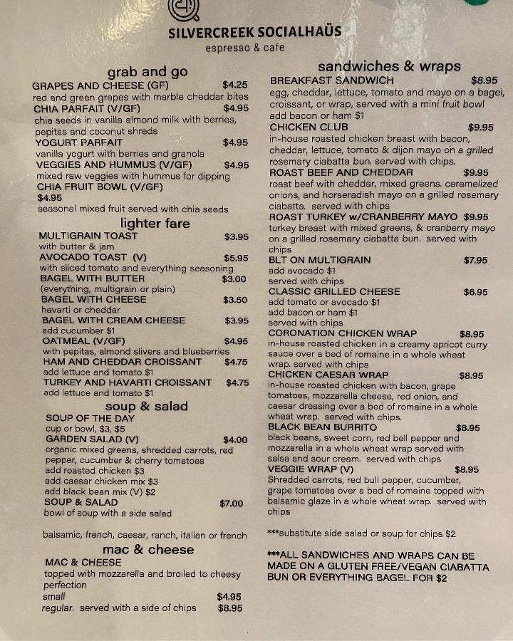 Silvercreek Coffee House - Halton Hills, ON menu_pic