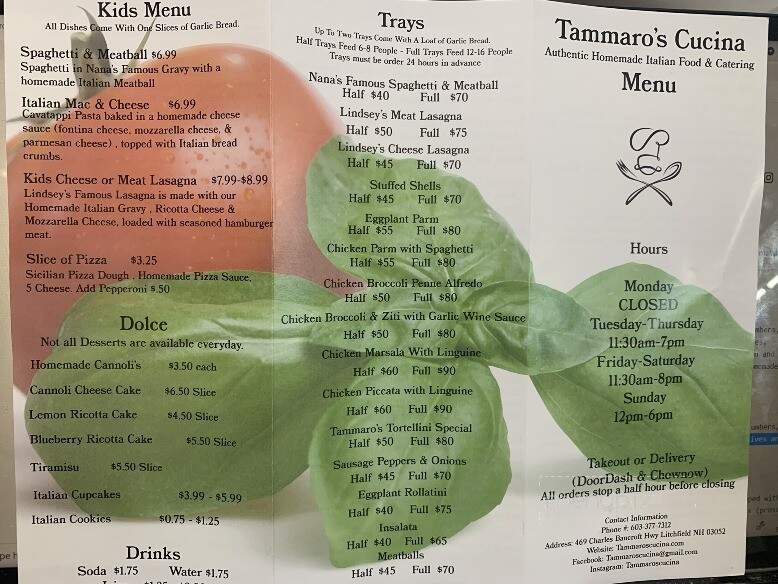 Tammaro's Cucina - Litchfield, NH menu_pic