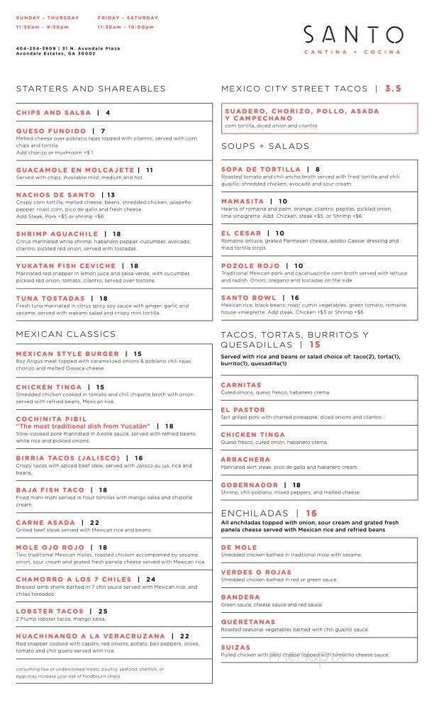 Santo Cantina & Cocina - Avondale Estates, GA menu_pic