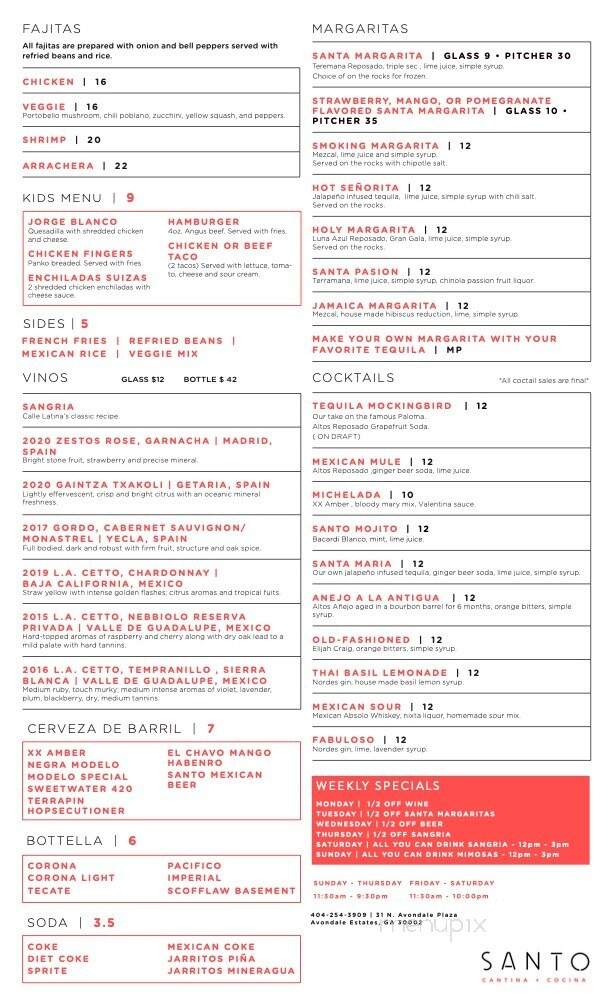 Santo Cantina & Cocina - Avondale Estates, GA menu_pic