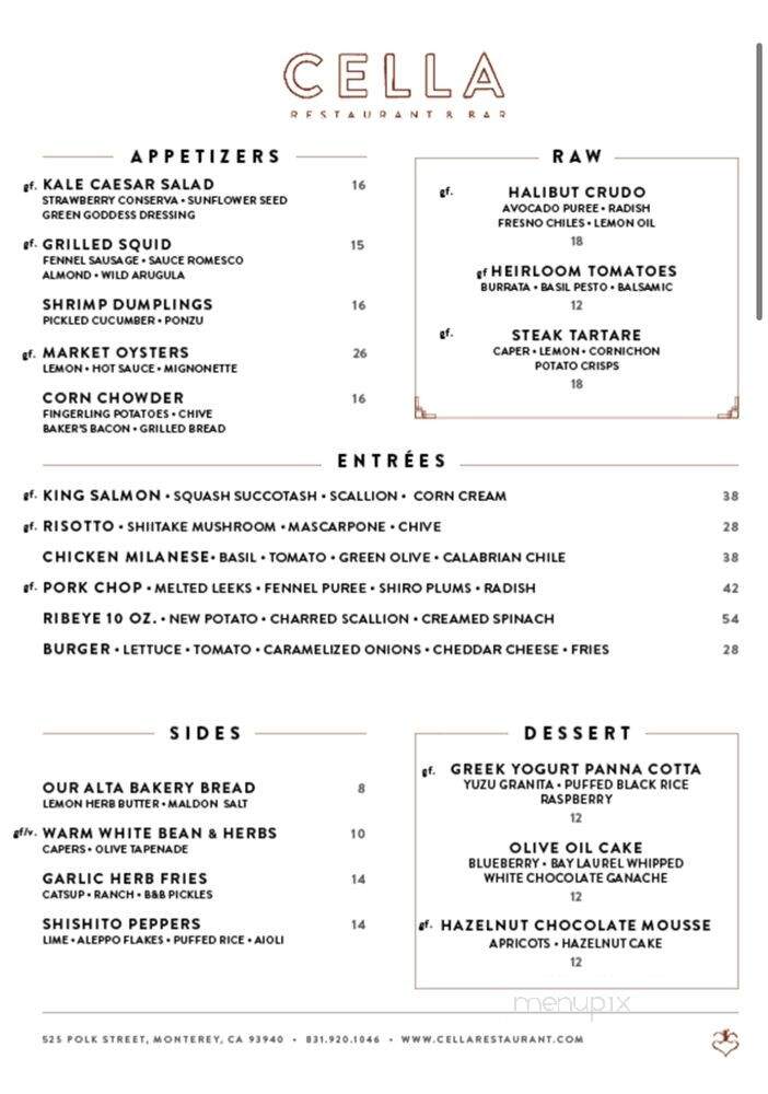 Cella Restaurant & Bar - Monterey, CA menu_pic