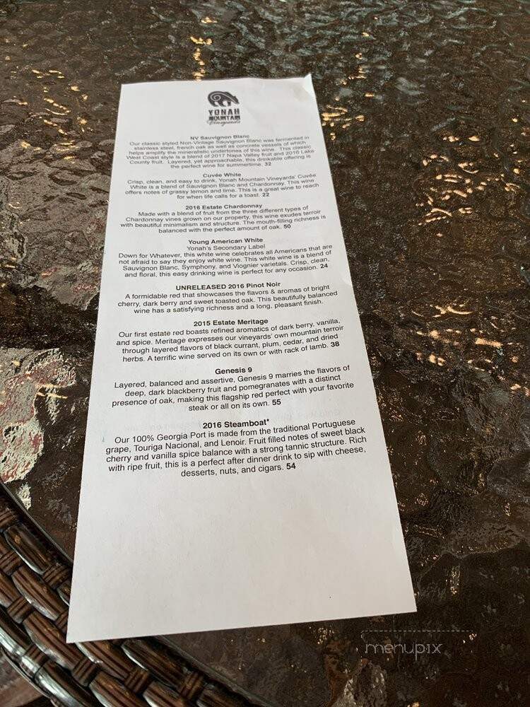 Yonah Mountain Vineyards - Cleveland, GA menu_pic