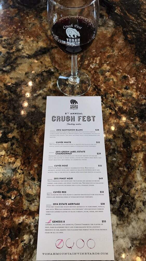 Yonah Mountain Vineyards - Cleveland, GA menu_pic
