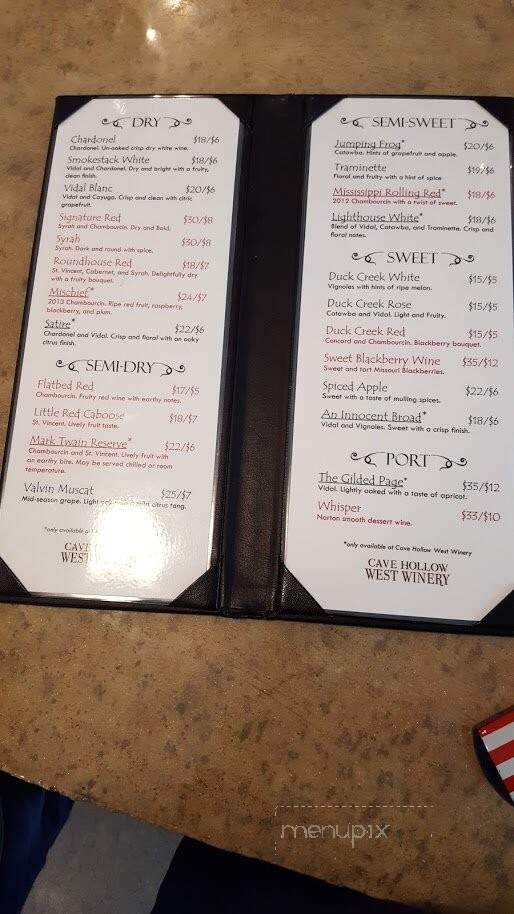Cave Hollow West Winery - Hannibal, MO menu_pic