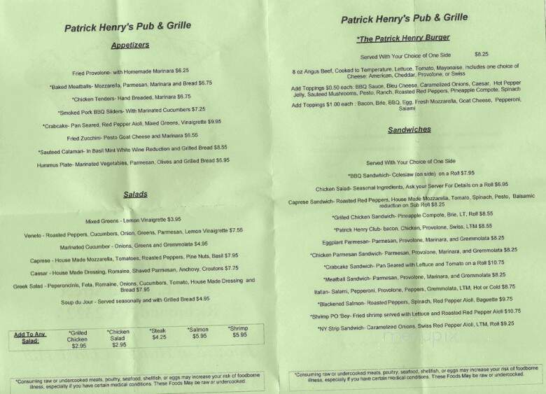 Patrick Henry's Pub and Grille - Richmond, VA menu_pic
