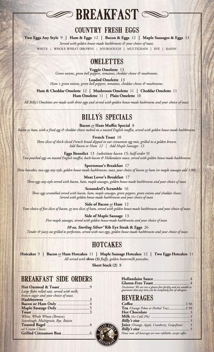 Billy's Family Restaurant - Princeton, BC menu_pic