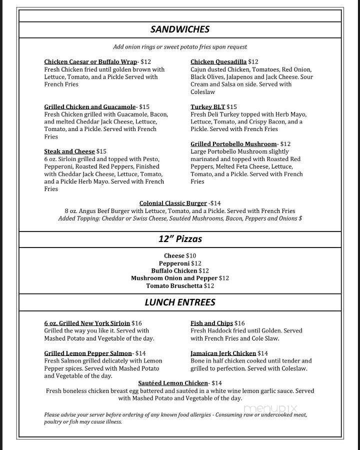 Colonial Hotel - Gardner, MA menu_pic