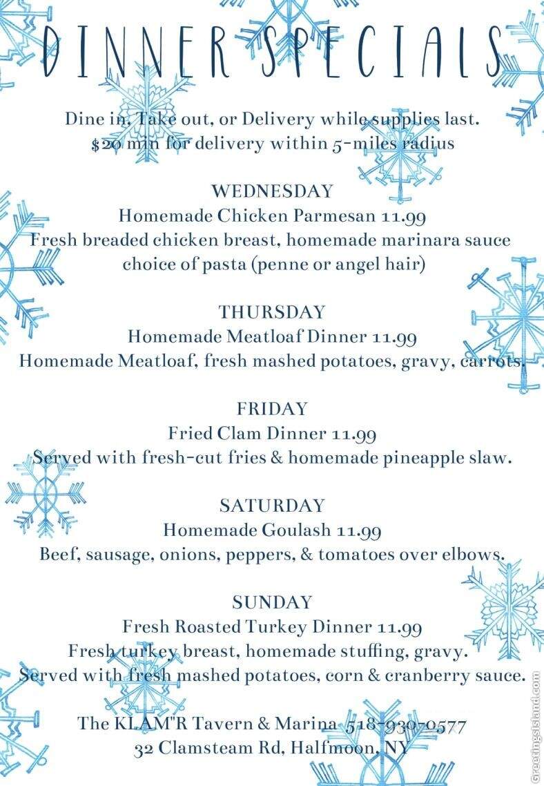 Klamsteam Tavern & Marina - Clifton Park, NY menu_pic
