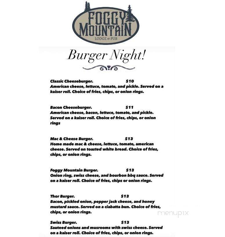 Foggy Mountain Lodge - Stahlstown, PA menu_pic