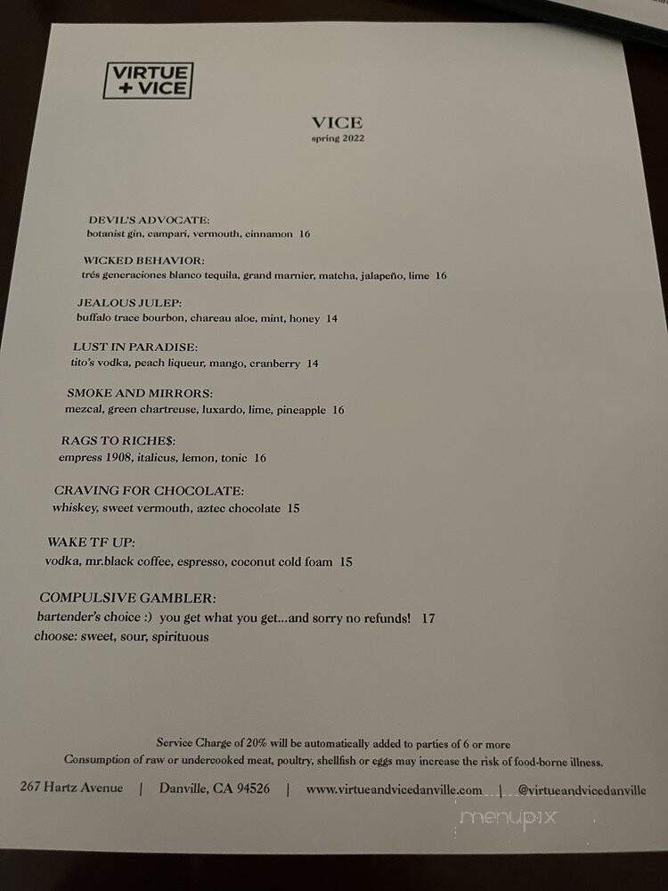 Virtue + Vice - Danville, CA menu_pic