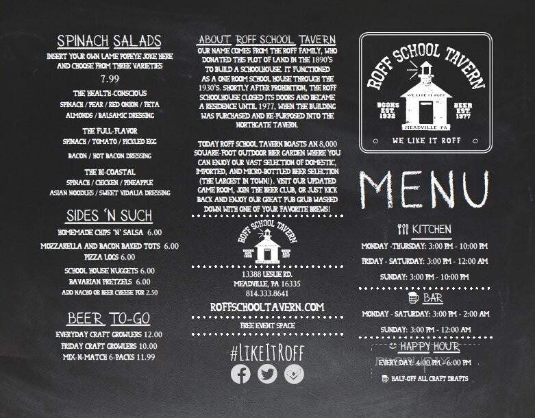 Roff School Tavern - Meadville, PA menu_pic