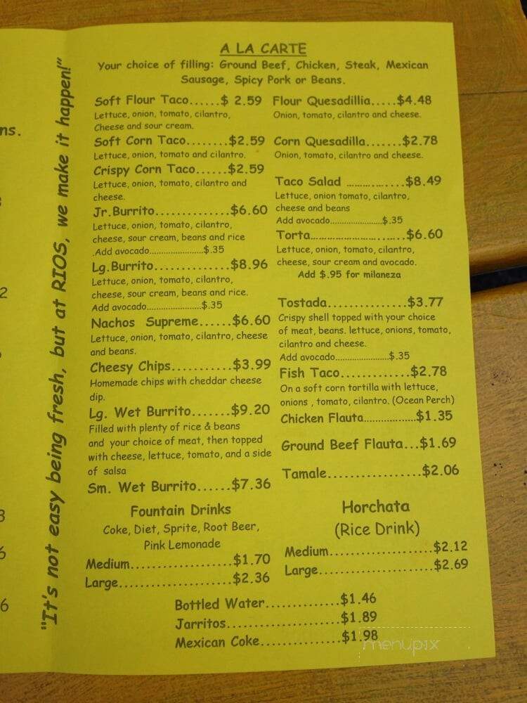 Rios Mexican Food - New Buffalo, MI menu_pic