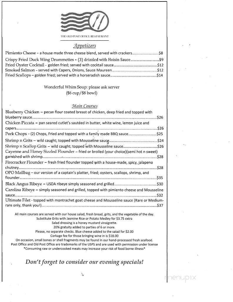 The Old Post Office Restaurant - Edisto Island, SC menu_pic