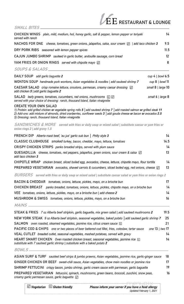 Vee Restaurant & Lounge - St Albert, AB menu_pic