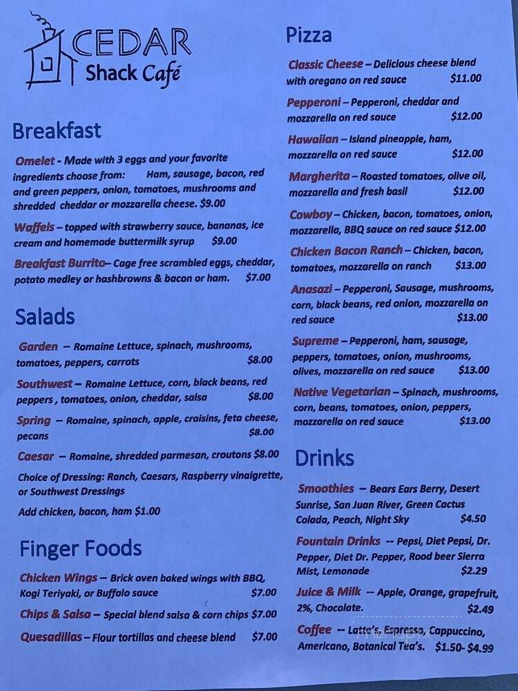 Cedar Shack Cafe - Bluff, UT menu_pic