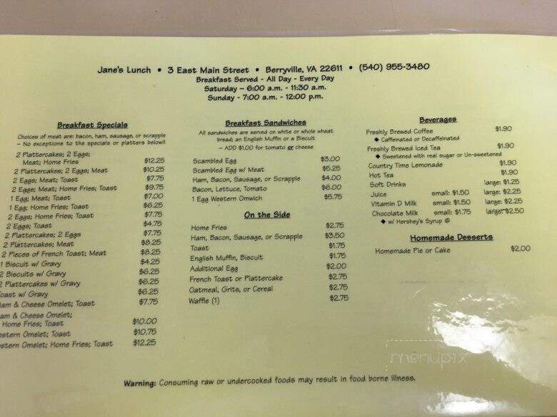 Jane's Lunch - Berryville, VA menu_pic
