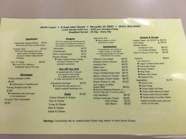 Jane's Lunch - Berryville, VA menu_pic