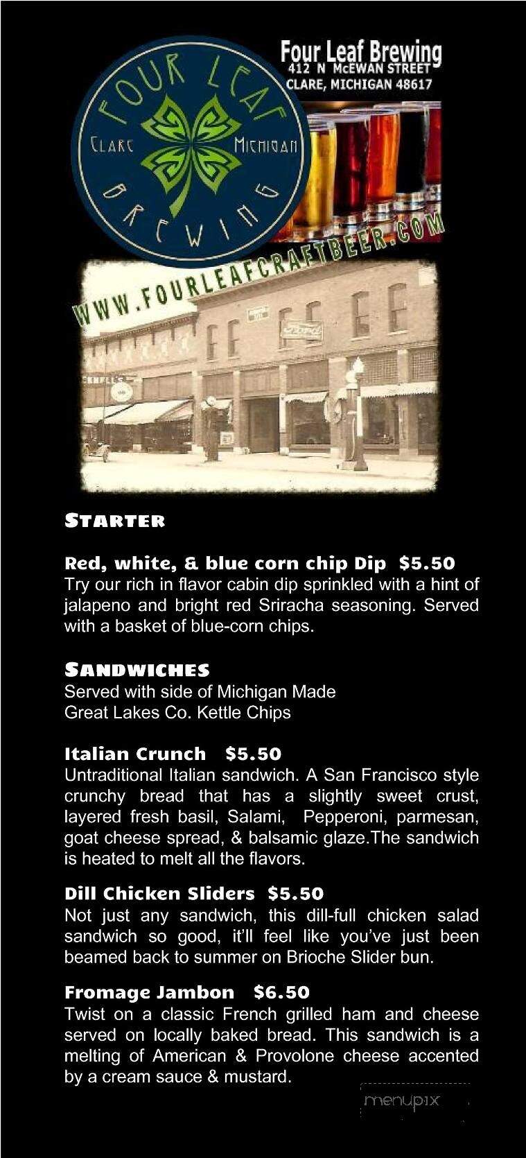 Four Leaf Brewing - Clare, MI menu_pic