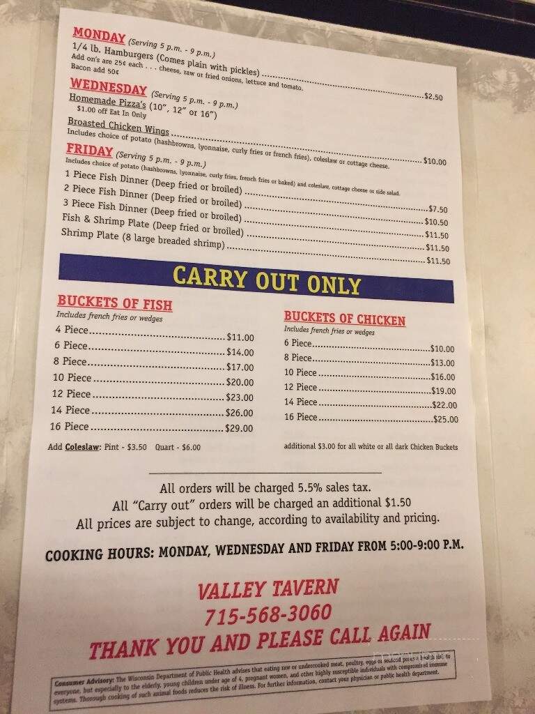 Valley Tavern - Bloomer, WI menu_pic