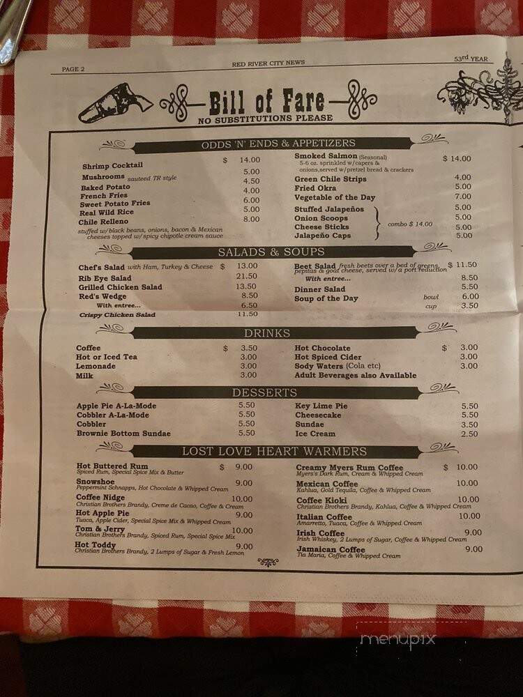 Texas Reds Steakhouse - Red River, NM menu_pic