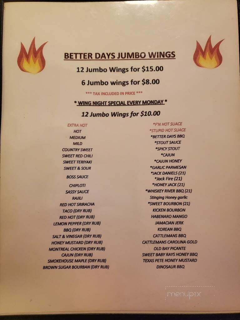 Better Days Pub & Eatery - Wellsville, NY menu_pic