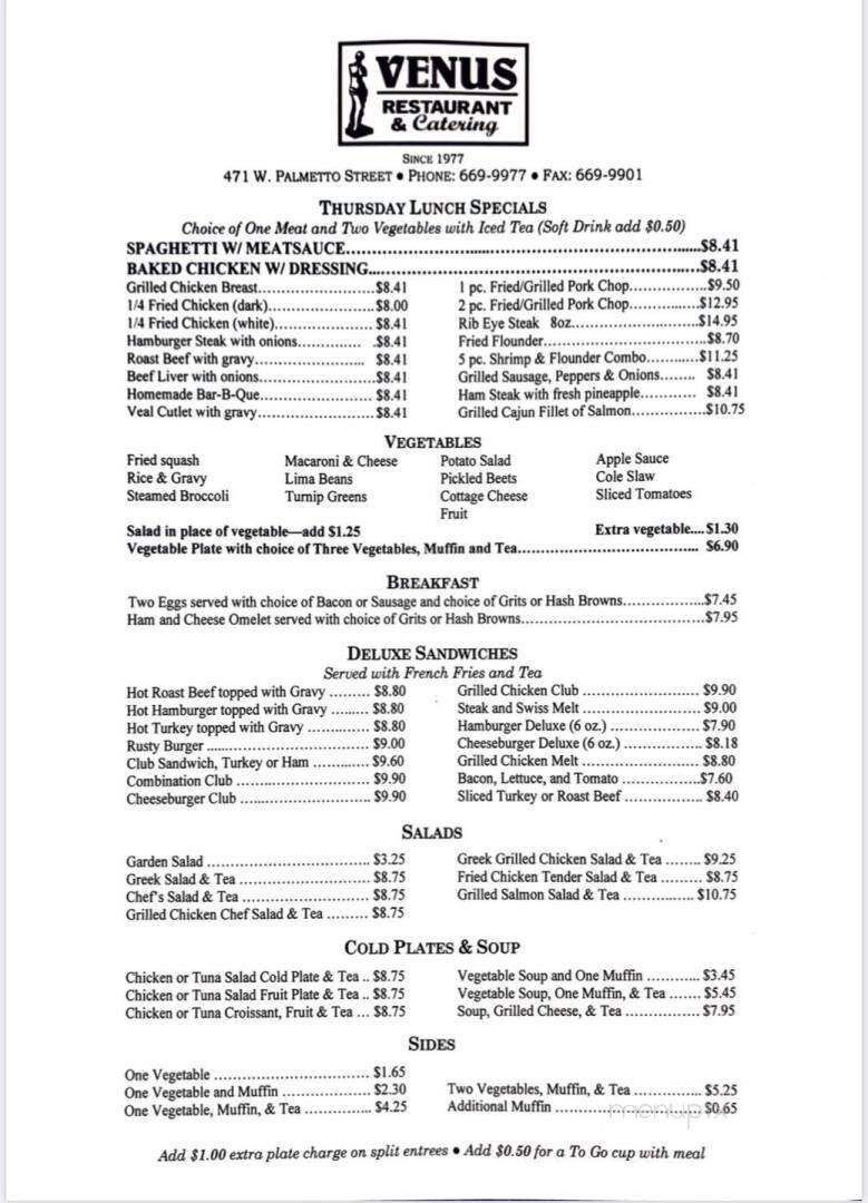 Venus Pancake House - Florence, SC menu_pic