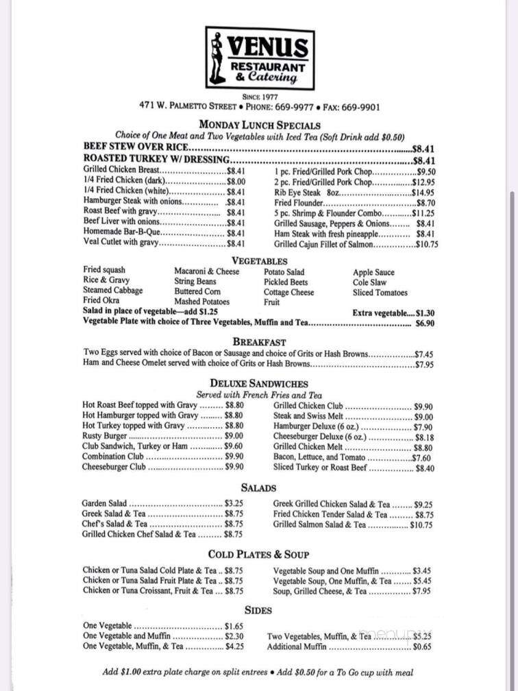 Venus Pancake House - Florence, SC menu_pic