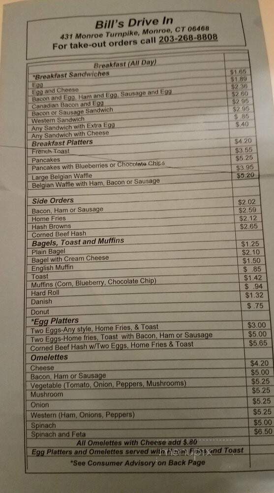 Bill's Drive-In - Monroe, CT menu_pic