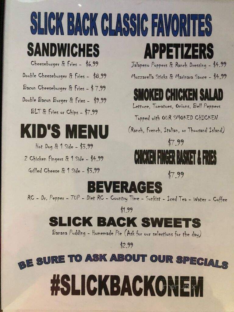 Slick Back @ The Store - Rosine, KY menu_pic